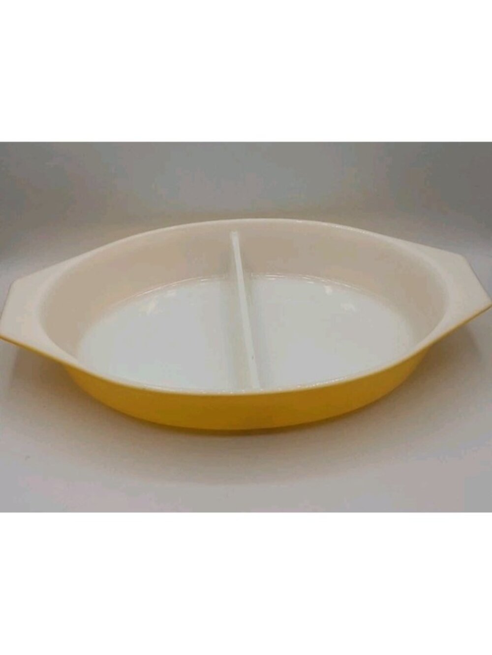 Mid Century Vintage Pyrex 1 1/2 Quart Yellow Oval Divided Casserole Dish No Lid